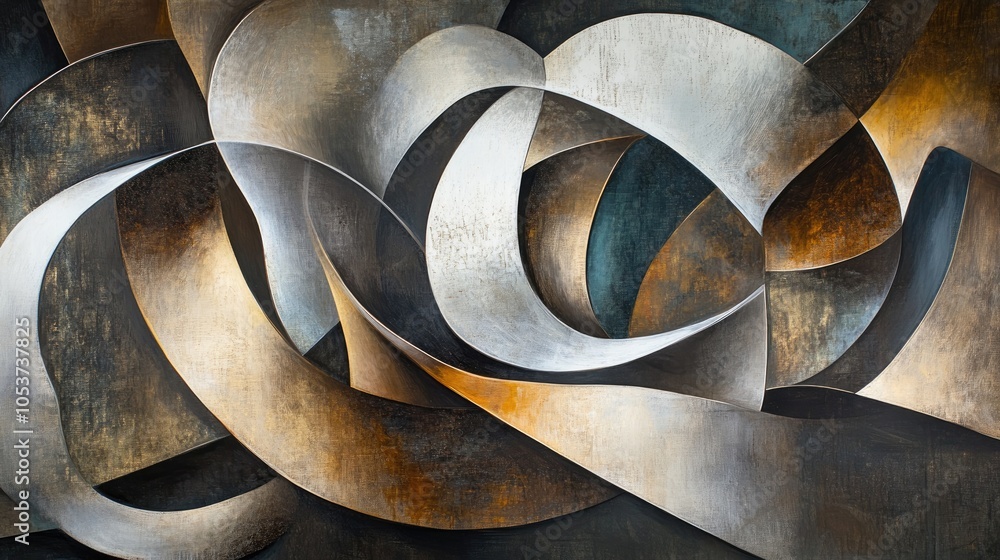 Poster an intricate abstract of smooth, metallic shapes, representing elegance and appealing complexity for