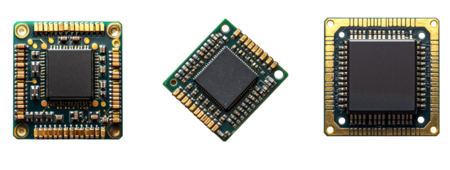 microchip set, showcasing intricate electronic components. Isolated on transparent white background, png