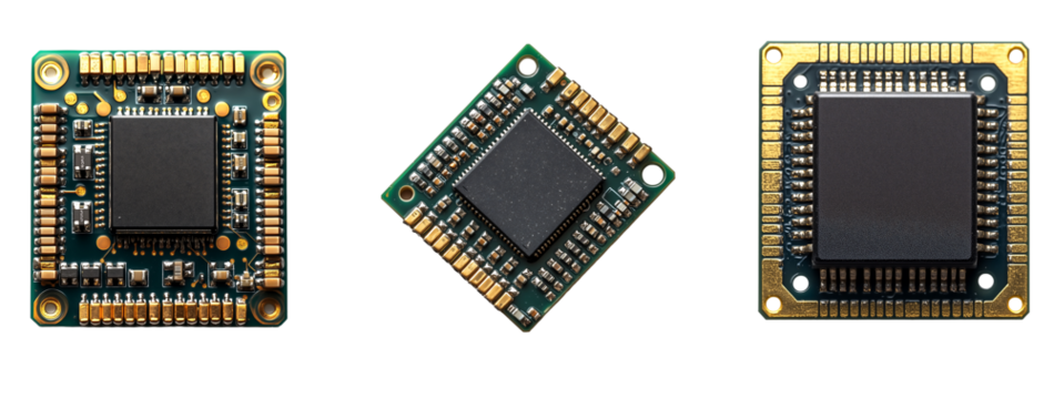microchip set, showcasing intricate electronic components. Isolated on transparent white background, png