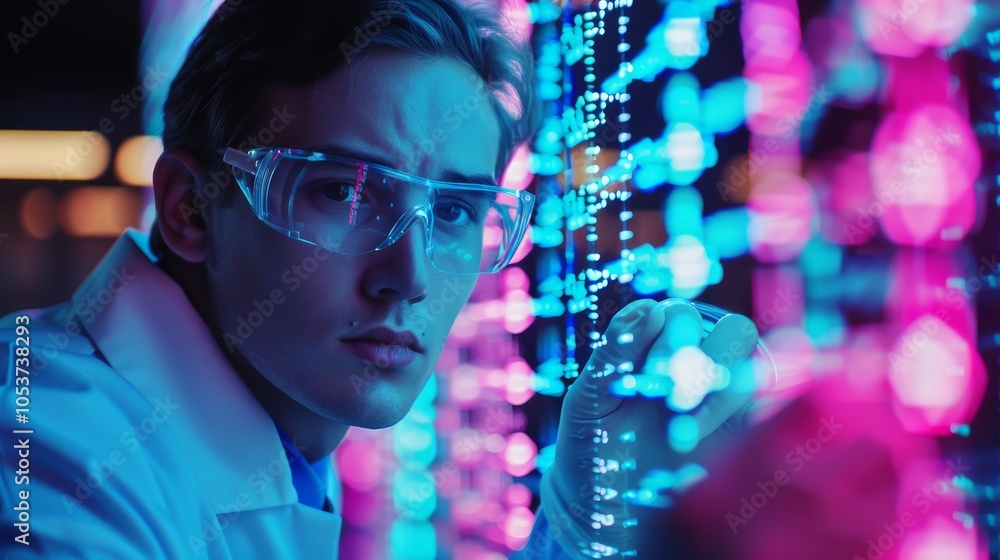 Poster scientist analyzing digital data in futuristic lab with neon lights.