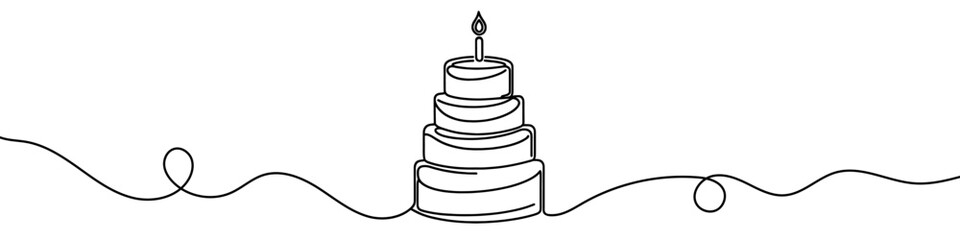 Minimalist illustration representing a cake with candle and festive decorations made with one continuous line