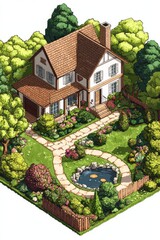Isometric pixel art of an old farmhouse with a pond in garden