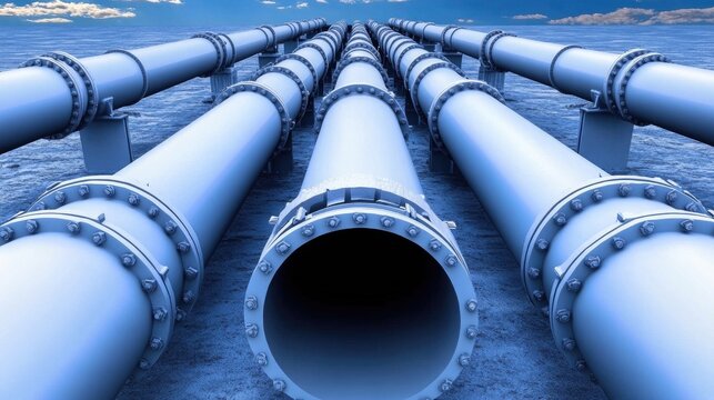 Large steel oil and gas pipelines stretch across a bright blue sky in a rural industrial landscape