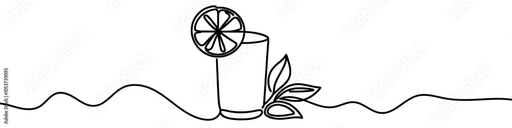 Aufkleber minimalist continuous line drawing representing a refreshing drink with a citrus slice and leaves