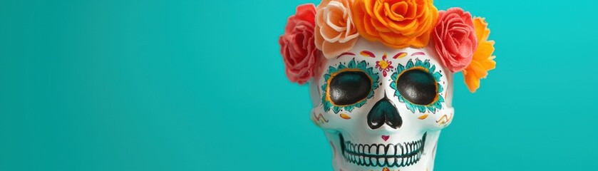 A colorful sugar skull adorned with vibrant roses against a bright turquoise background, celebrating the Day of the Dead.