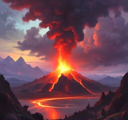 Fototapeta premium Illustration of volcano eruption at night with magma flow.