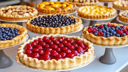 A festive pie-baking contest setup with multiple pies on display, each with unique designs and flavors, celebrating National Pie Day creativity 