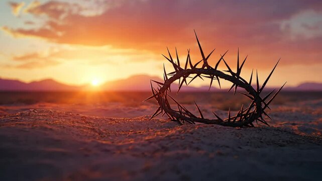 A crown of thorns lays in the sand at sunset, a powerful image of sacrifice and redemption