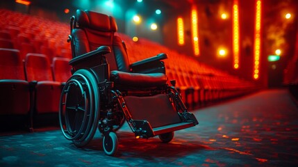 Wheelchair users advocate for accessibility laws in a bustling theater during a community event
