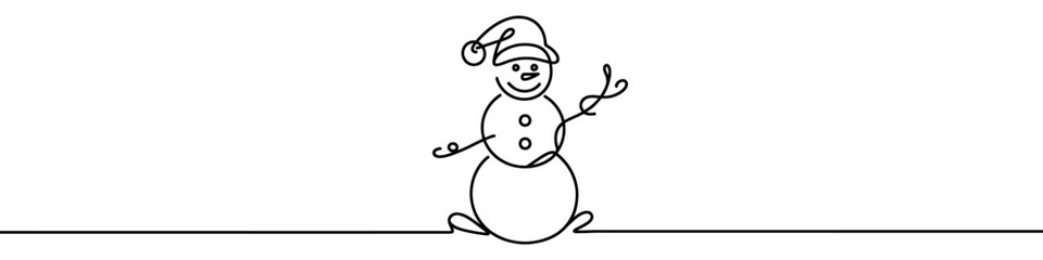 Continuous line art drawing a smiling snowman on snowy hills for a winter holiday design