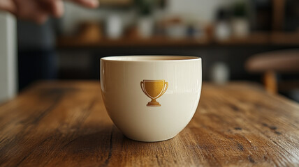 Ceramic mug with trophy symbol on wooden table.
