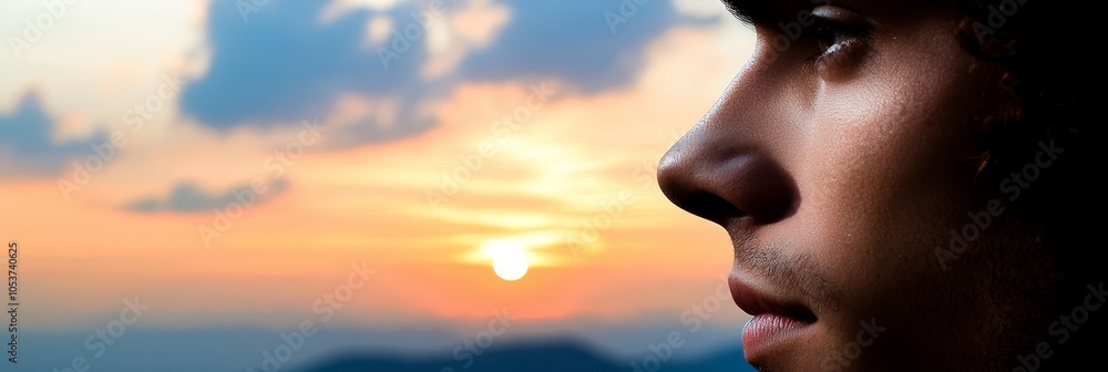 Poster  A face, deeply focused, sun peeking over shoulder, clouds scattered behind