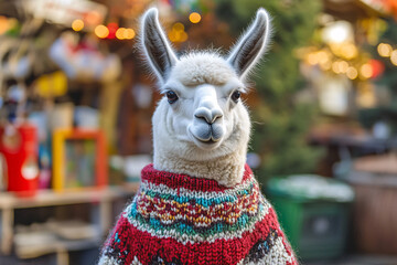 Naklejka premium portrait of cute llama in woolen sweater on christmas market