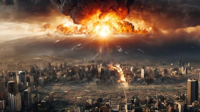 Volcanic Eruption Engulfs City: A catastrophic eruption sends lava and ash raining down on a sprawling city, causing widespread destruction.