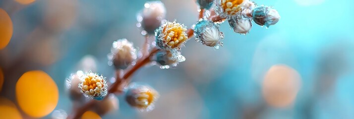  A tight shot of a plant with water beads on its leaves, against a backdrop of the sky