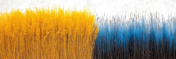  A painting of yellow-and-blue grass, a white wall in the background, and a foreground featuring a black-and-white wall