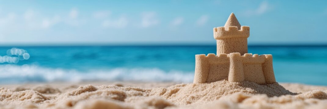 Interactive beach AR: build virtual sandcastles, dissolve waves; vibrant palette 