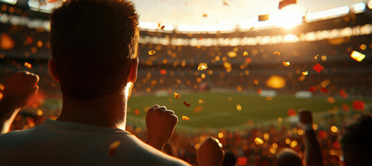 Cheering football fans celebrate in vibrant stadium filled with excitement and colorful confetti. atmosphere is electric as sun sets, creating memorable moment