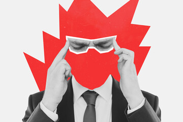 Composite photo collage of frown headless businessman hold head migraine pain work tiredness...