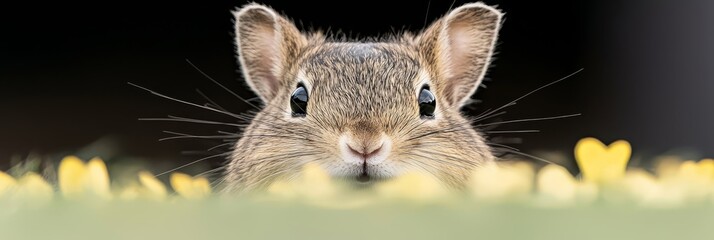  A tight shot of a rabbit's face with yellow flowers in the foreground against a black backdrop