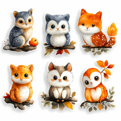 Fototapeta premium Animal stickers with a Cute cartoon owi on a white background