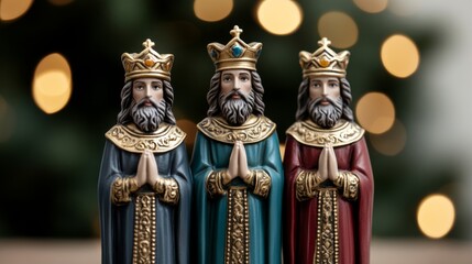 Fototapeta premium Three Wise Men statues standing proudly in front of a nativity scene, with intricate details and vibrant robes, symbolizing Epiphany 