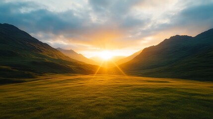 Obraz premium View of the Scottish Highlands at sunrise, golden light illuminating the rugged landscape, symbolizing natural beauty for St Andrew's Day 