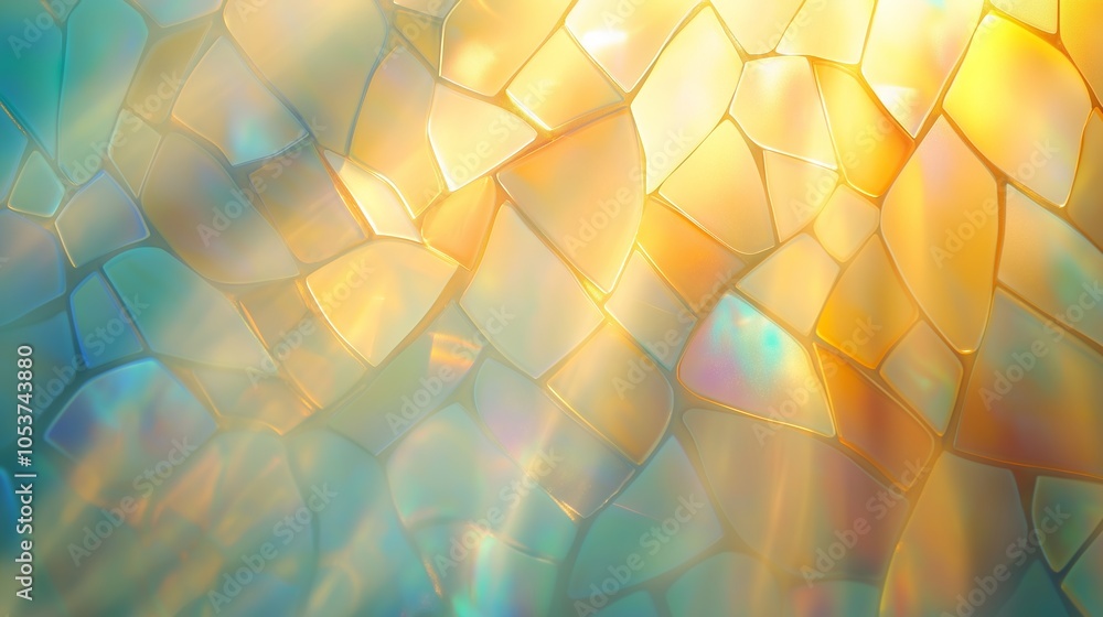 Poster abstract attractive background consisting of pieces of multicolored mosaic glass and rays of light. 