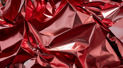  A tight shot of a glossy scarlet expanse, studded with numerous aluminum foil fragments, unveiling its lower portion