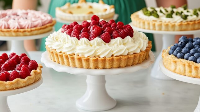 A festive pie-baking contest setup with multiple pies on display, each with unique designs and flavors, celebrating National Pie Day creativity 