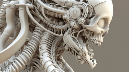  A tight shot of a skeleton model featuring a horse's head at its core