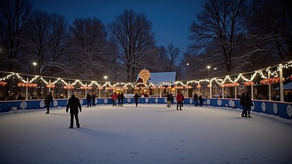 Obraz premium Winter ice rink with skaters, festive lights, evening ambiance, trees, and a chandelier decoration. Generative, AI,