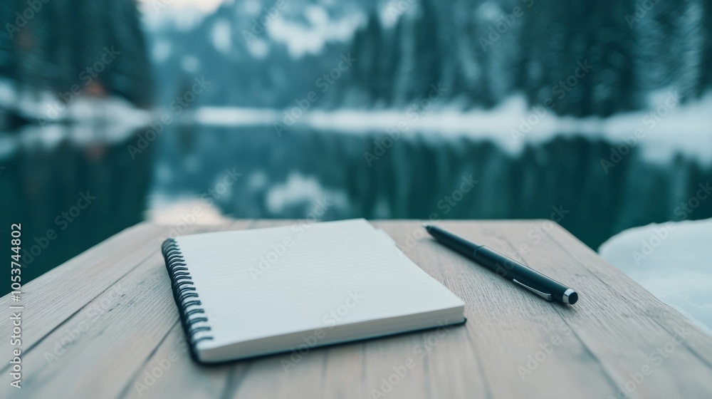 Poster capturing the essence of reflection through journaling and mindfulness practices in serene winter se