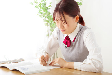 Naklejka premium 真剣な表情で勉強に取り組む女子高生