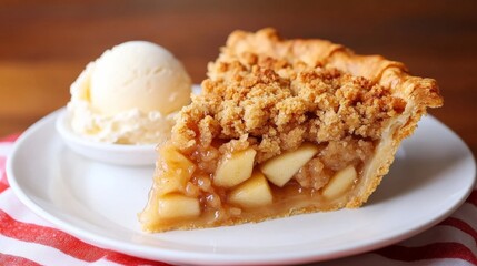Crumb-topped apple pie with a crispy, buttery topping and warm spices, served with a side of vanilla ice cream for National Pie Day 