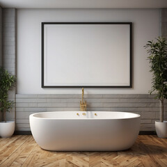 Modern Minimalist Bathroom Bathtub With A Large  Frame On The Wall, Interior Design Wall Art Mockups