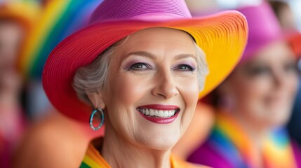 Elder LGBTQ+ friends laughing together at a pride parade, wearing rainbow hats and waving flags, embodying joy and visibility