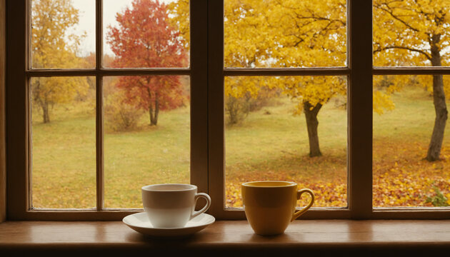 Autumn view from inside house throught the wooden frame window and a cups of tea standing on the windowsill in sunny autumn day