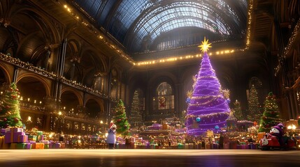 Fototapeta premium Christmas Market Inside a Grand Hall with a Large Purple Tree