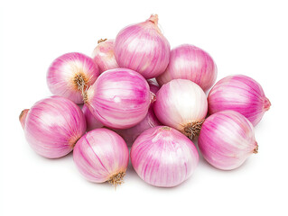 Fresh red onions are piled together on white background, showcasing their vibrant purple and white layers. These onions are perfect for adding flavor and color to various dishes