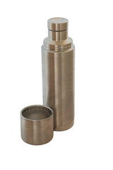 Metal thermos with a hot drink isolated on white background. Hot drinks in camping.