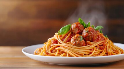 Heaping plate of spaghetti with homemade meatballs, smothered in marinara sauce, steaming hot for National Spaghetti Day 