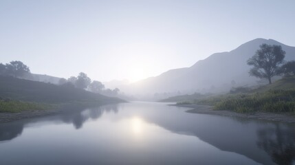  A body of water, encompassed by a verdant green field, and bordered by distant mountain ranges The sun mirrors on its surface