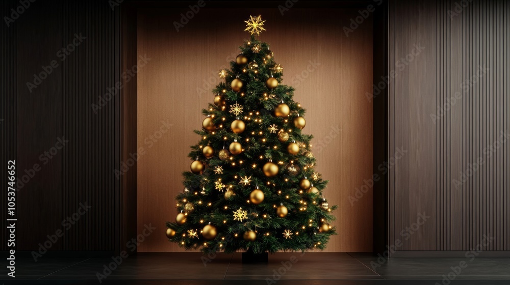 Poster intricate holiday window display featuring a lavishly decorated festive tree with twinkling lights s