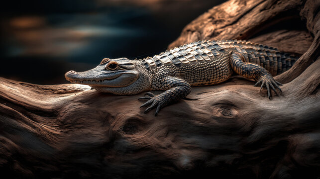 Crocodile, Large reptile with tough skin and jaws basking near driftwood