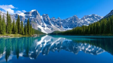 Fototapeta premium Serene alpine lake reflecting towering snow-covered mountains, surrounded by evergreen trees, capturing the beauty of nature for International Mountain Day 