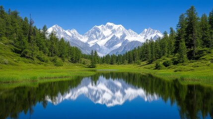 Serene alpine lake reflecting towering snow-covered mountains, surrounded by evergreen trees, capturing the beauty of nature for International Mountain Day 
