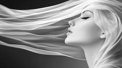 Fototapeta premium A monochrome image of a woman's closed-eye face, her hair billowing in the wind