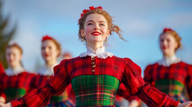 Scottish ceilidh dancers twirling in a village square, kilts and dresses in motion, celebrating St Andrew&rsquo;s Day with traditional music 