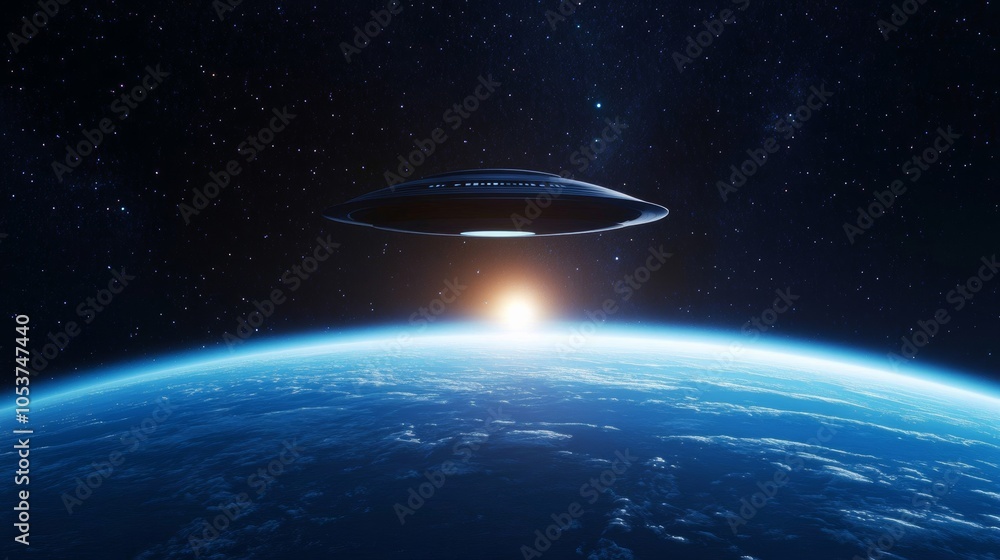 Wall mural spaceship soaring above a distant planet with glowing rings, stars twinkling in the background, capt